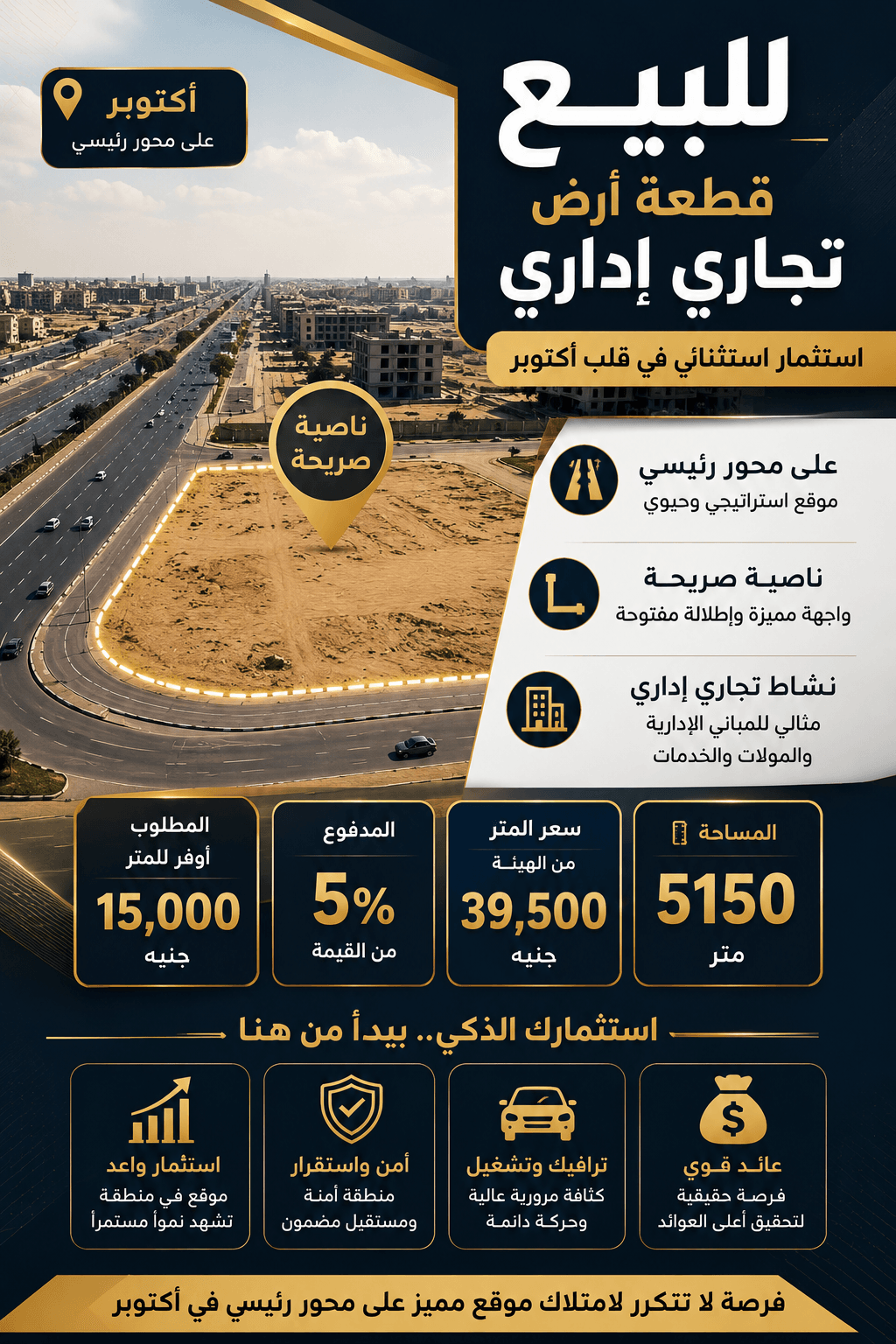 أرض تجارية إدارية للبيع في 6 أكتوبر 5,150 متر | ناصية على محور رئيسي