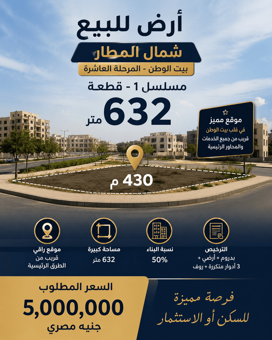 أرض للبيع شمال المطار بيت الوطن أكتوبر الجديدة | 632 متر